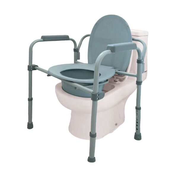 Silla WC 3 en 1 plegable Blunding colocada sobre inodoro con estructura de acero gris - Medicalab SPA.