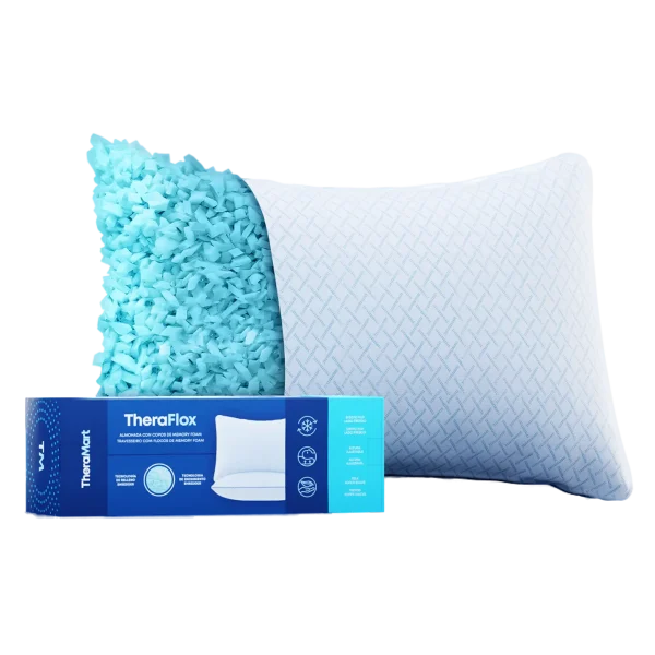 Almohada TheraFlox TM120 con relleno de copos de gel azul viscoelástico y caja de presentación.