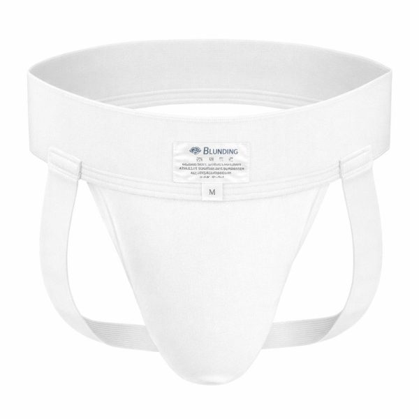 Soporte atlético escrotal Blunding de color blanco, fabricado en algodón con bandas elásticas reforzadas. Disponible en Medicalab SPA.