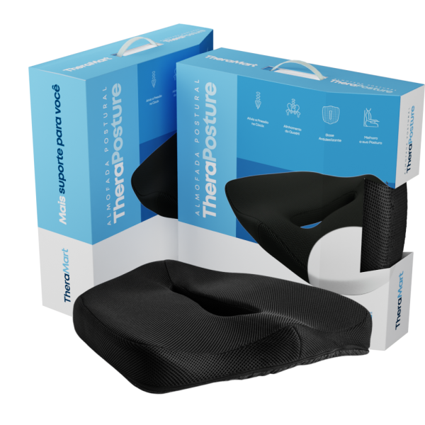 Packaging del Cojín TheraPosture TM395 destacando sus beneficios clave: Alinea la Postura, Alivia el Coxis y Base Antideslizante