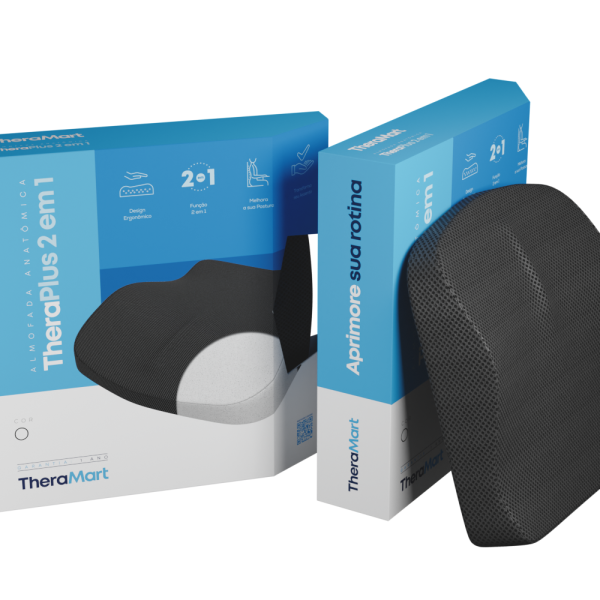 Cojines TheraPlus 2 en 1 en colores azul (TM340) y negro (TM342), mostrando el interior de Espuma HD 50D y la cubierta de Malla 3D.