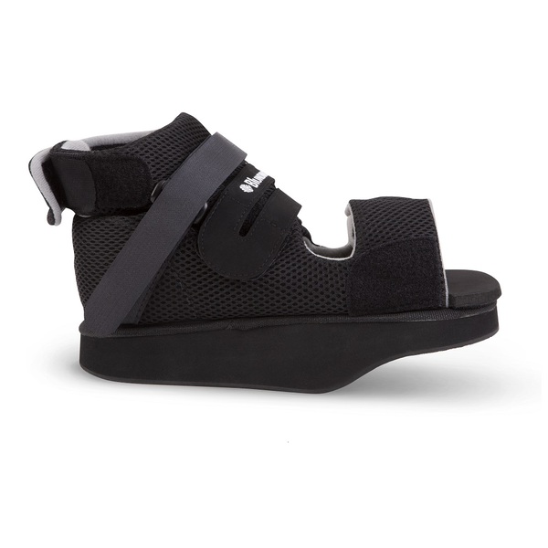 Zapato de Descarga de Antepié Abierto Blunding en vista lateral, mostrando la suela elevada y la punta abierta para proteger dedos.- medicalab