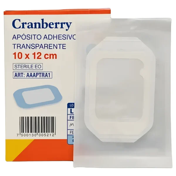 Caja de 50 unidades de Apósito Adhesivo Transparente Cranberry (10×12 cm), destacando las certificaciones ISO 13485 y CE. Producto de Medicalab SPA.
