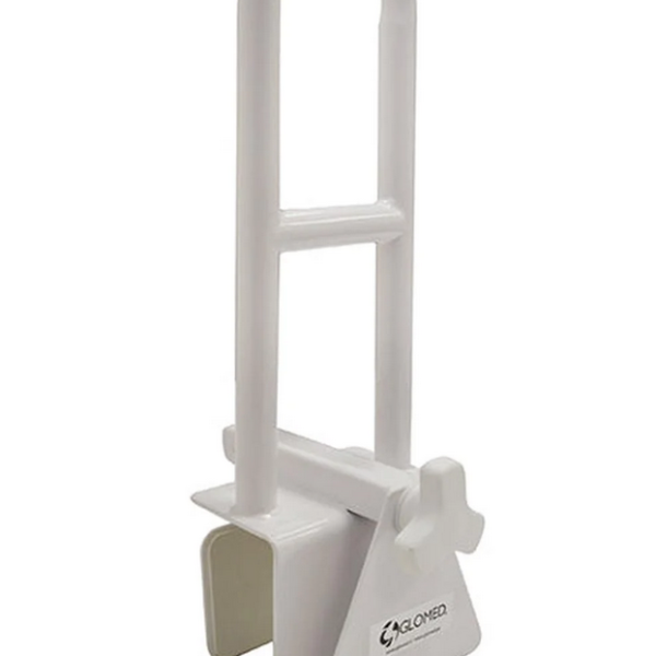Barra de seguridad vertical GLOMED de color blanco con ajuste de mordaza, ideal para el borde de la tina. Accesorio de Medicalab SPA