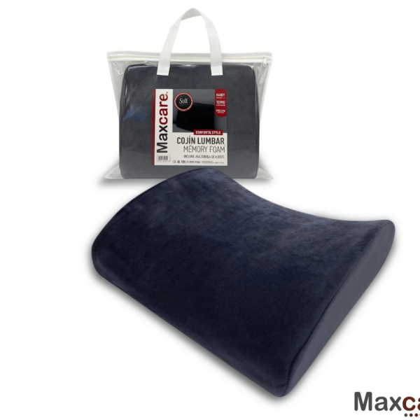 Cojín Espalda Soporte Lumbar Comfort Maxcare en color oscuro con su empaque de transporte - Medicalab SPA.