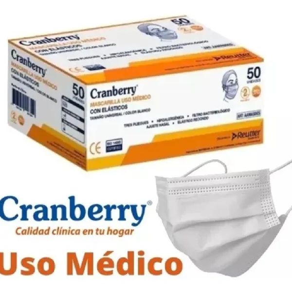 Caja de 50 unidades de Mascarillas Cranberry, resaltando su calidad clínica y Uso Médico. Producto disponible en Medicalab SPA.