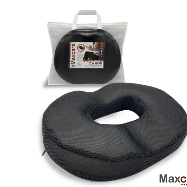 Cojín Picarón Ortopédico Viscoelástico Maxcare en su empaque, mostrando su diseño de rosquilla para alivio del coxis - Medicalab SPA.
