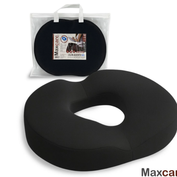 Cojín Picarón Ortopédico con Gel y Memory Foam en packaging, mostrando su diseño de rosquilla para alivio del coxis.