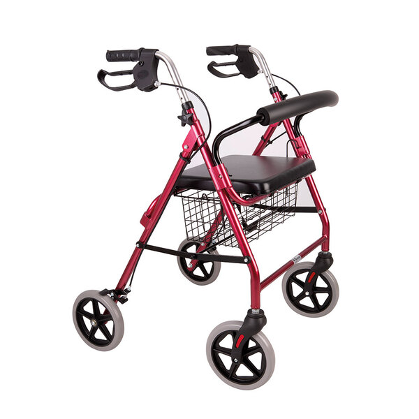Andador de 4 ruedas color rojo Blunding plegable con asiento y canasto