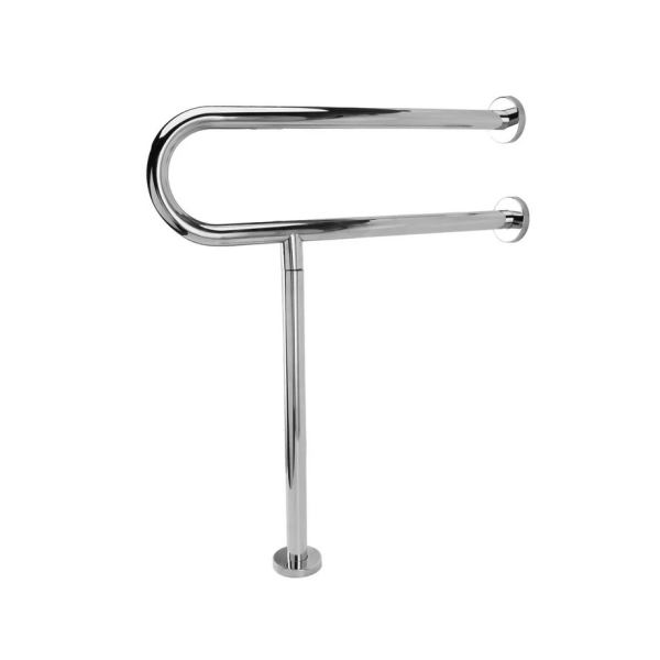 arra de seguridad para baño cromada con anclaje a muro y piso, destacando su acabado brillante y resistente. Medicalab SPA