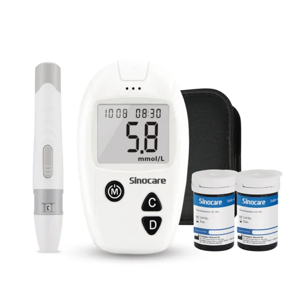 Componentes del Kit Sinocare Safe-Accu, mostrando el medidor de glucosa con lectura 5.8 mmol/L, el lancetero y los viales de tiras reactivas.