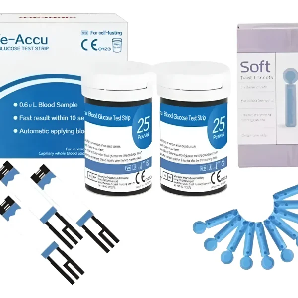 Cajas de tiras reactivas Safe-Accu (2x25) y lancetas Soft 28G (50 unidades), mostrando el empaque original de reposición de insumos.