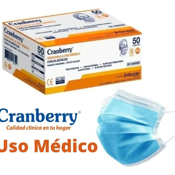 Caja de 50 unidades de Mascarillas Cranberry, resaltando su calidad clínica y Uso Médico. Producto disponible en Medicalab SPA.