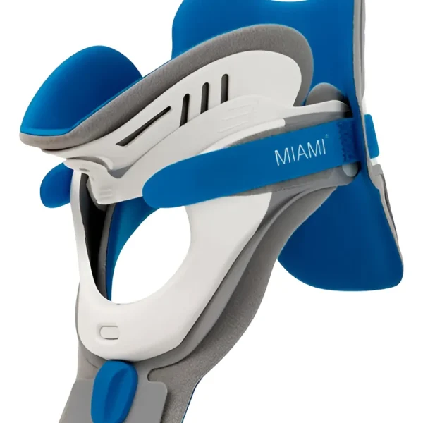 Vista frontal del Collarín Cervical Miami J Select de Össur, mostrando su diseño universal y ajustable en colores blanco, azul y gris.
